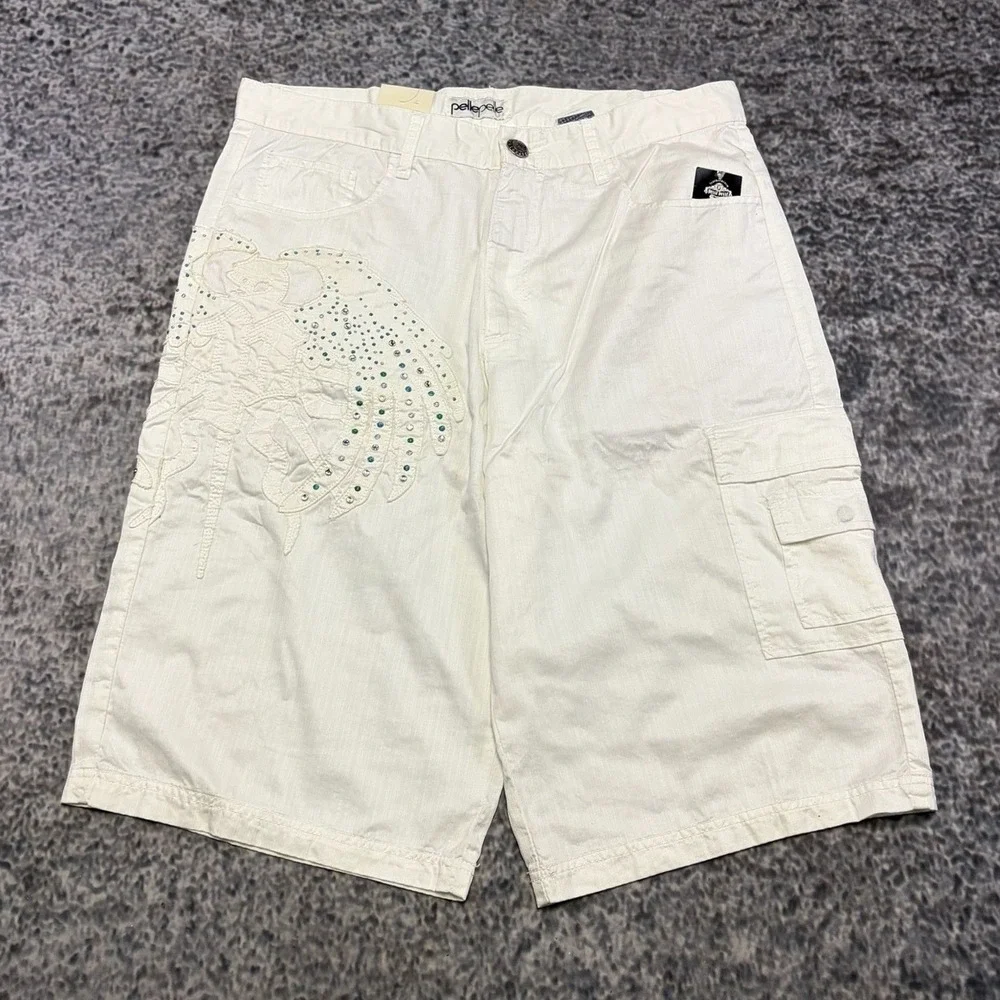NWT Vintage Pelle Pelle Cargo Shorts Mens 36 White Baggy Hip-Hop Skater Y2K
